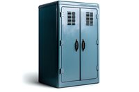 Vintage style metal storage locker in blue-gray color with ventilation grilles and black handles on white background, isolated object for design and commercial use.