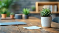 Succulent plant in textured pot on wooden desk with office supplies and shelving in blurred background, suitable for workspace and interior design projects.