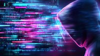Digital profile against glowing cybernetic data streams in neon pink and blue colors, representing artificial intelligence and machine learning technology.