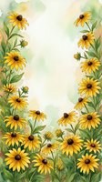 Watercolor yellow daisy flowers frame border with green leaves on soft textured background for spring summer greeting cards and botanical designs.