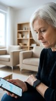 Senior Caucasian woman using smartphone at home wearing smartwatch in modern living room. Technology adoption by elderly people for communication and health.