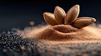 Macro shot of coffee beans on scattered ground coffee powder creating artistic composition with shallow depth of field on dark background.