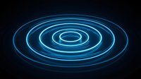 Glowing blue neon concentric circles rippling on dark background, futuristic energy wave effect for technology and science designs.