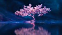 Glowing pink cherry blossom tree with twisted trunk reflects in calm water against dark blue mystical background, creating serene zen atmosphere.