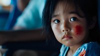 Young Asian girl with red face paint marking on cheek gazes upward with innocent expression, wearing blue clothing in dramatic lighting, portraying childhood wonder.
