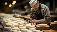 Caucasian male artisan cheesemaker in traditional attire carefully inspecting and aging wheels of cheese on wooden shelves in rustic production facility.