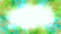 St Patricks Day frame with golden shamrocks leprechaun hats horseshoes and rainbows on green watercolor background with white center copy space.