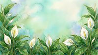 Watercolor peace lily flowers with green leaves frame on soft blue background for spring greeting cards, botanical illustrations and floral design projects.