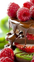 Fresh raspberries, strawberries and kiwi slices layered with dark chocolate pieces and drizzled with flowing melted chocolate sauce in macro view.