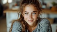Young woman with long wavy brown hair and fair complexion smiling at camera in bright kitchen setting, wearing cozy gray sweater for lifestyle and portrait use.