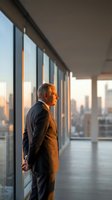 Senior Caucasian businessman in suit standing by floor-to-ceiling windows, gazing at city skyline at golden sunset from high-rise office floor.