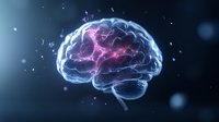 Glowing digital brain with blue outline and pink neural connections on dark background, representing artificial intelligence and cognitive science.