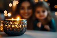 Decorative metal candle holder with glowing flame creating cozy atmosphere, blurred female figures in background with bokeh lights creating warm holiday mood.