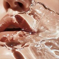 Close-up of sensual lips with water splash and droplets creating dynamic motion effect against pink-toned background, artistic macro photography for cosmetic advertising.