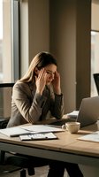 Stressed businesswoman with headache working at laptop in modern office, experiencing work pressure and fatigue during busy workday.