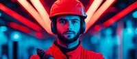 Construction worker in red protective helmet illuminated by neon lights against vibrant red and blue background creating dramatic cyberpunk atmosphere.