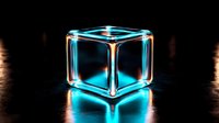 Glowing neon blue cube with light edges on dark reflective surface creates futuristic atmosphere. Abstract geometric shape with luminous effect against black background.