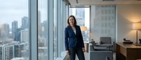 Professional businesswoman in navy suit standing confidently in modern office with city skyline view through floor-to-ceiling windows.