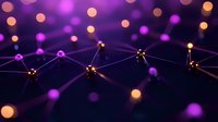 Glowing network nodes connected by illuminated lines against dark background with purple and orange bokeh lights creating futuristic atmosphere.