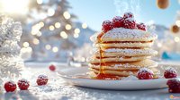 Stack of fluffy pancakes topped with fresh raspberries, maple syrup and powdered sugar on white plate against festive winter bokeh background with snow.