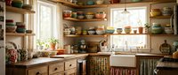 Rustic kitchen interior with open wooden shelving displaying colorful ceramic dishes, vintage cookware, and potted plants near bright windows for home decor inspiration.