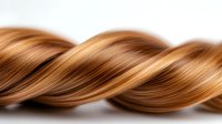 Twisted strand of shiny brown hair showing natural highlights and smooth texture against white background, isolated for beauty and haircare marketing.