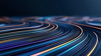 Glowing curved light trails creating dynamic motion effect against dark background, featuring vibrant blue, orange and purple neon streaks in perspective view.