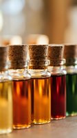 Small glass bottles with cork stoppers filled with colorful essential oils, extracts, and aromatherapy liquids in amber, gold, and red hues for wellness and spa applications.