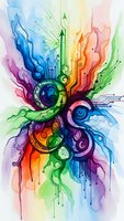 Vibrant watercolor explosion with swirling rainbow colors, circuit patterns and organic flowing elements creating dynamic abstract composition for creative projects.