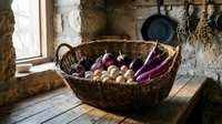 Rustic wicker basket filled with fresh purple eggplants and onions on wooden table in traditional stone kitchen interior with hanging cookware.