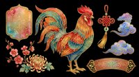 Colorful rooster with ornate Asian festival elements, isolated on transparent background. Clipart set for T-shirts, stickers, print on demand, and sublimation designs.