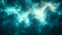 Dramatic turquoise storm clouds with glowing lightning bolts illuminating dark sky background. Atmospheric electric phenomenon creates mystical ethereal mood.