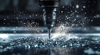 Dramatic close-up of industrial drill bit in action with water coolant splashing and metal shavings flying, captured against dark background with bokeh effects.