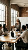 Diverse team of professionals in modern loft office with exposed brick walls collaborates during business meeting. Female manager leads discussion with male and female colleagues using laptops and notebooks.