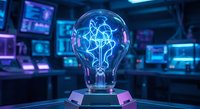 Glowing light bulb with digital network connections in futuristic technology control room with multiple screens and blue purple neon lighting atmosphere.
