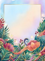 Watercolor floral frame with gold accents, tropical leaves, pink blooms, and sparkles on pastel background, perfect for invitations and cards.