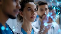 Young female scientist in lab coat examining glowing blue molecular structure visualization with diverse research team in modern laboratory setting.