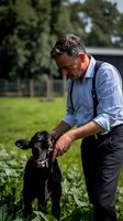 Caucasian farmer in suspenders and dress shirt tenderly petting young black calf in green pasture. Authentic agricultural scene showing connection between rancher and livestock.