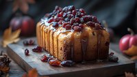 Fresh baked pound cake topped with cranberries and caramel drizzle on rustic wooden board, moody autumn setting with red apples and fallen leaves.