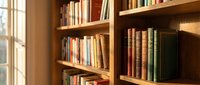 Cozy home library with wooden bookshelves filled with colorful books near bright window. Perfect for reading corner, study room, or literary workspace design.