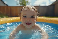 Happy Caucasian baby swimming in inflatable pool on sunny summer day, showing pure joy and excitement while splashing in blue water. Perfect for family lifestyle content.