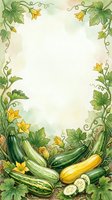 Zucchini and squash frame with yellow flowers and green foliage on cream background, isolated for recipe cards, menus, kitchen decor, and culinary designs.