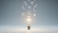 Glowing light bulb with innovation icons floating above on gradient background representing creativity, brainstorming and business solutions.