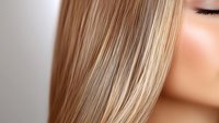 Close up of straight blonde hair showing smooth, glossy texture and natural highlights against soft blurred background. For beauty and hair care advertising.