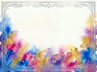 Ornate decorative frame with vibrant watercolor splashes in blue, pink, purple and yellow. Elegant border design for invitations, certificates and artistic projects.