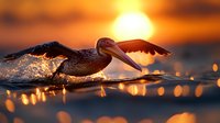 Pelican gliding over ocean water at golden sunset with wings spread and water droplets sparkling in warm light creating magical seascape moment.