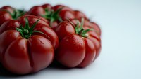 Fresh ripe red heirloom tomatoes with water drops and green stems on light background, macro shot showing texture and natural organic produce.