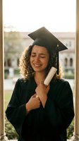 Emotional young Hispanic woman graduate in cap and gown holding diploma with tears of joy on university campus celebrating academic achievement.