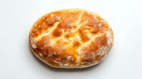 Freshly baked artisanal bread loaf with cross-scored pattern on top, dusted with flour, photographed on white background, isolated for commercial use.