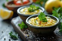 Fresh homemade hummus garnished with parsley, olive oil and spices served in rustic ceramic bowls on dark wooden background with lemon and ingredients.